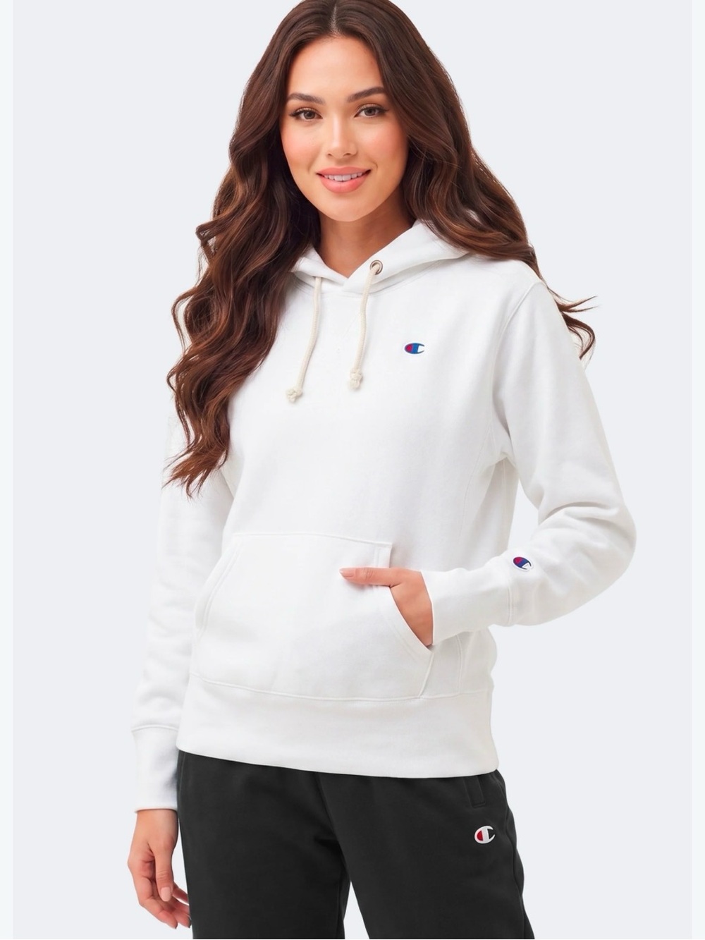 Champion White Women's Pullover Hoodie with Small Logo